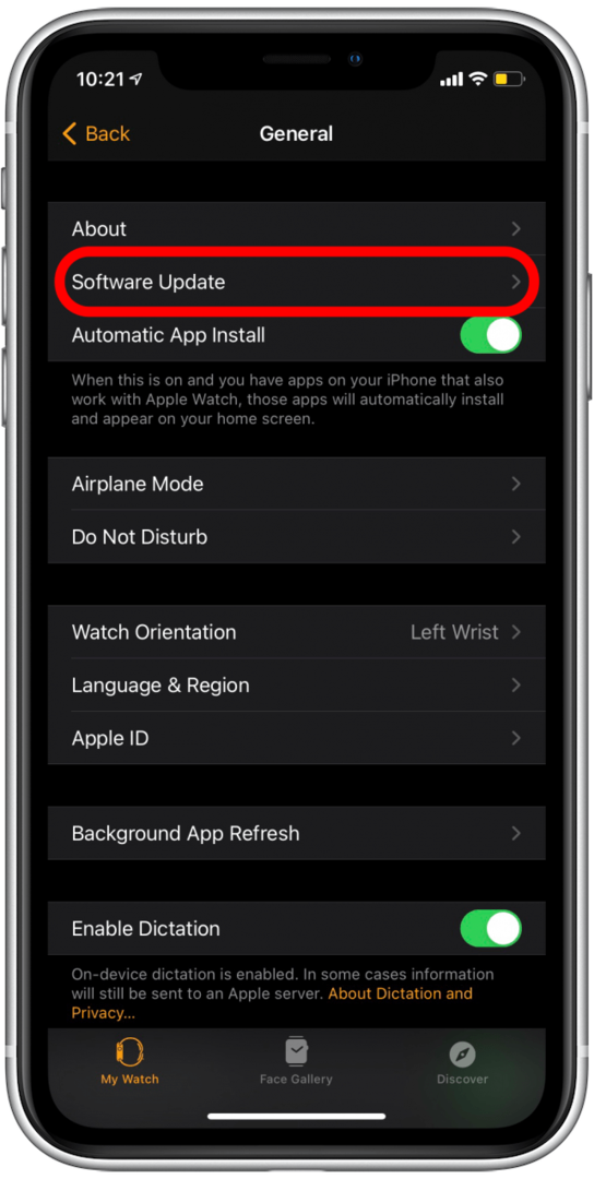 Trykk på Programvareoppdatering for å prøve Apple Watch-oppdateringen på nytt