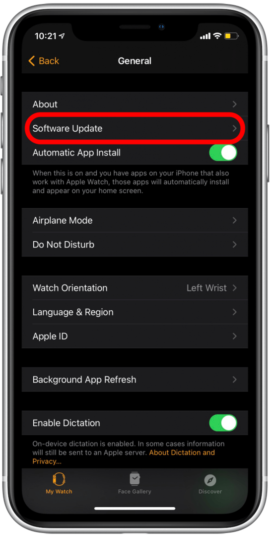 Dodirnite Ažuriranje softvera za ponovni pokušaj ažuriranja Apple Watcha
