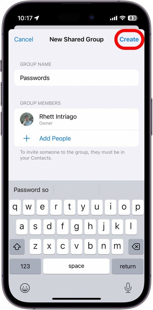 iphone skapa en delad lösenordsgrupp med skapa-knappen inringad i rött