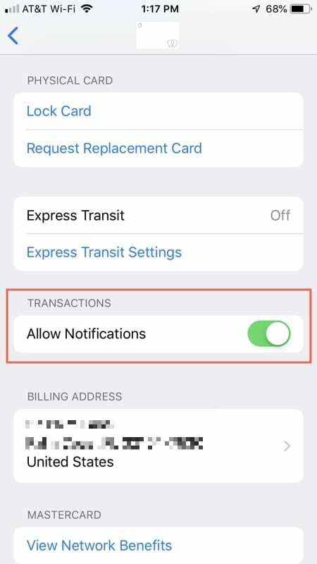 Habilitar notificações de transação Apple Card