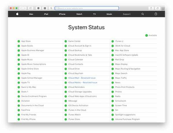 Snímek obrazovky z webu Apple System Status, který ukazuje vše zelené