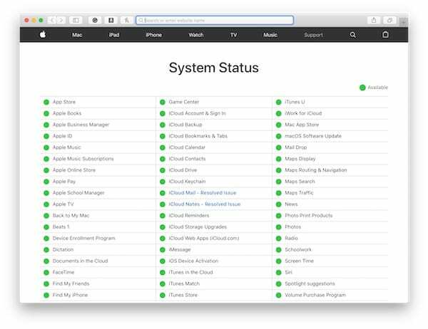 Captura de pantalla del sitio web de estado del sistema de Apple que muestra todo en verde