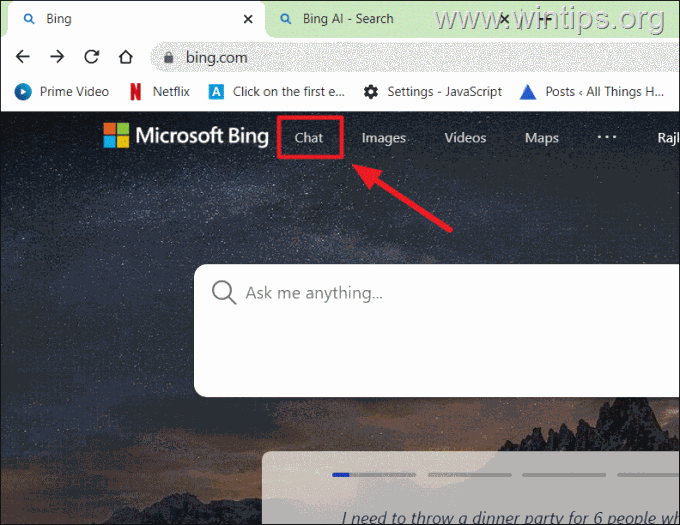 Pasiekite „Bing AI Chat“ naršyklėje „Chrome“.