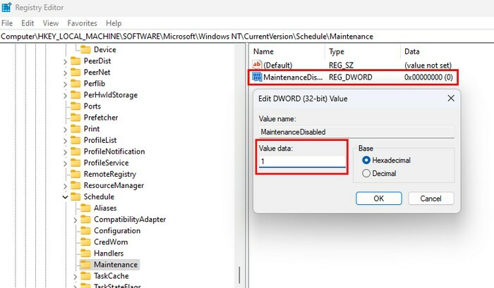 Modifier la valeur du registre de fichiers MaintenanceDisable