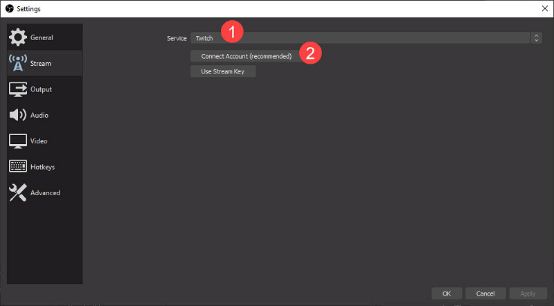 ओबीएस स्टीम सेटिंग में खाता कनेक्ट करें (अनुशंसित)।