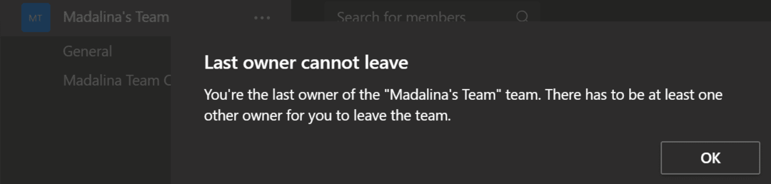 ms teamsi viimane omanik ei saa lahkuda