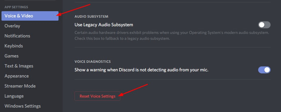 Restablecer la configuración de voz para arreglar Discord Mic no funciona