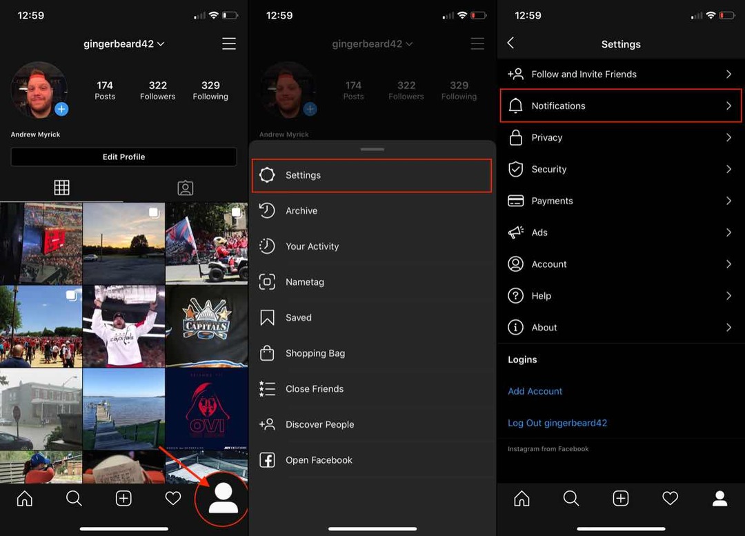 Atidarykite „Instagram“ pranešimų nustatymus