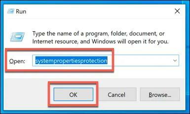 Tippige väljale Run " systempropertiesprotection".