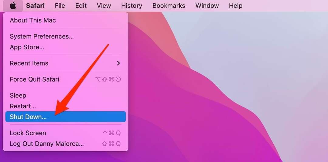 Snímek obrazovky zobrazující tlačítko Vypnout na Macu