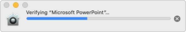„Microsoft PowerPoint“ programos patvirtinimas „macOS Catalina“.