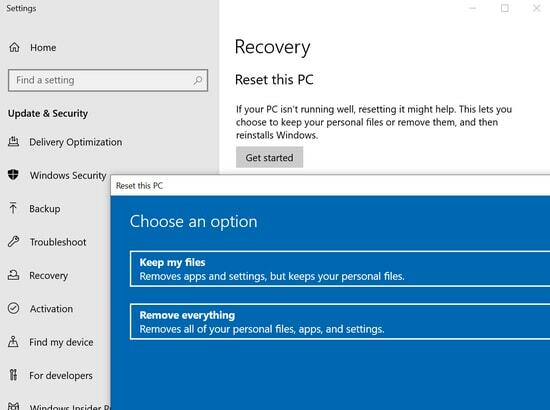 Réinitialiser Windows 10 pour résoudre l'erreur 0x800f0988