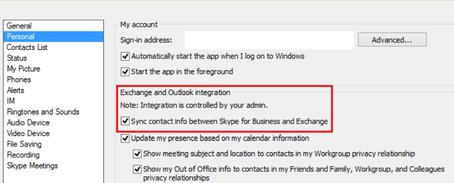 Синхронизирайте информацията за контакт между Skype за бизнеса и Exchange