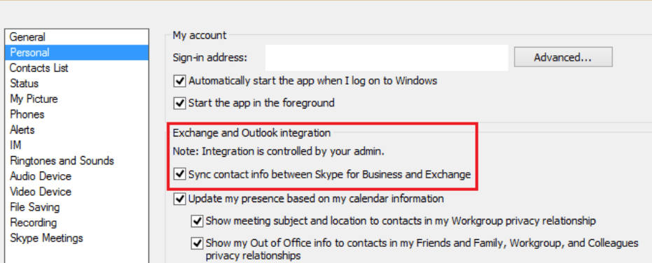 Синхронизация контактной информации между Skype для бизнеса и Exchange