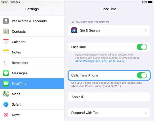 iPad FaceTime Calls от настройките на iPhone