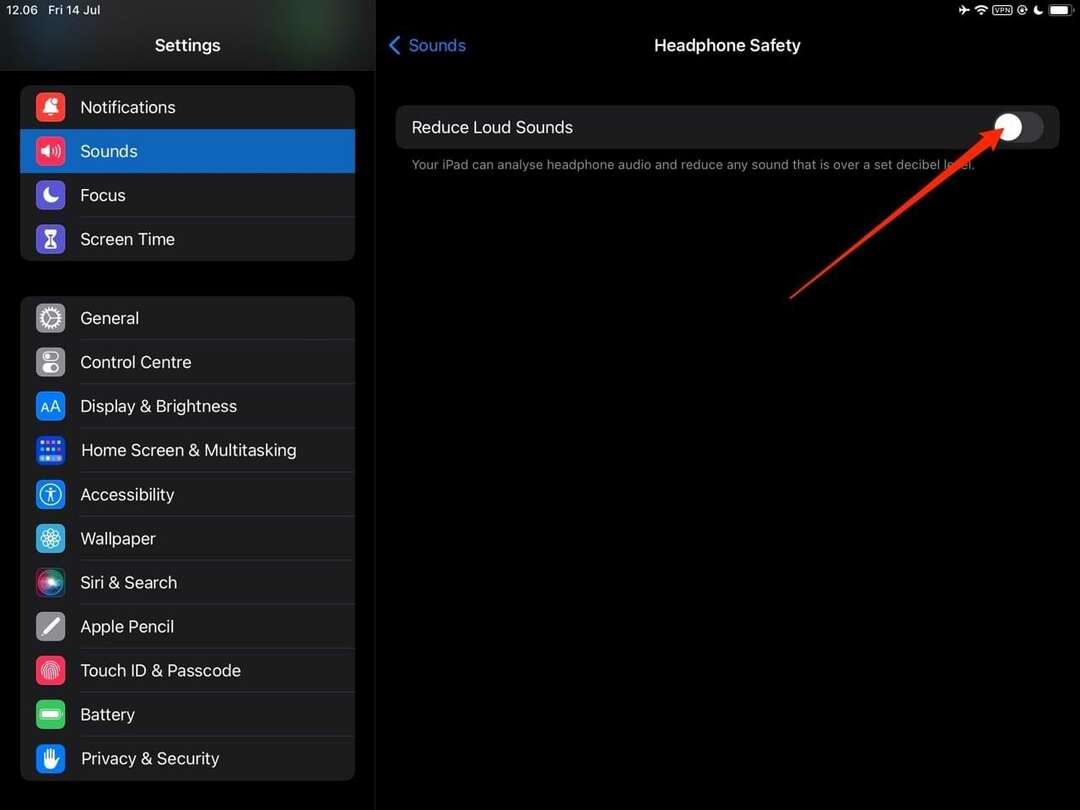 Η ρύθμιση για τη μείωση των δυνατών ήχων σε ένα iPad