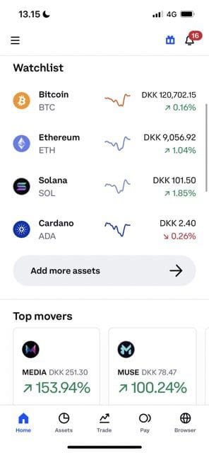 Screenshot van een watchlist op Coinbase