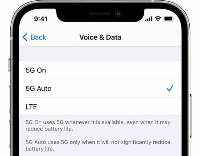 Možnost samodejnih pametnih podatkov 5G v nastavitvah mobilne telefonije iPhone 12