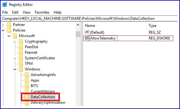 Откройте папку DataCollection и нажмите AllowTelemetry.