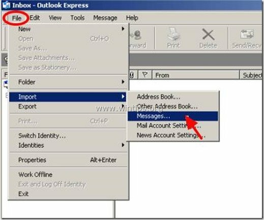 mensajes de importación de archivos de Outlook Express