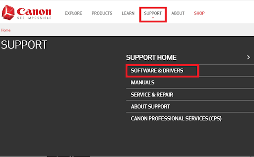 Canon SUPPORT și faceți clic pe SOFTWARE & DRIVERS