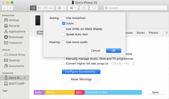 Konfigurera tillgänglighetsinställningar från Finder för iPhone