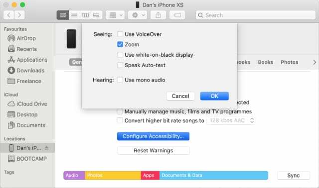 Configurer les paramètres d'accessibilité à partir du Finder pour iPhone