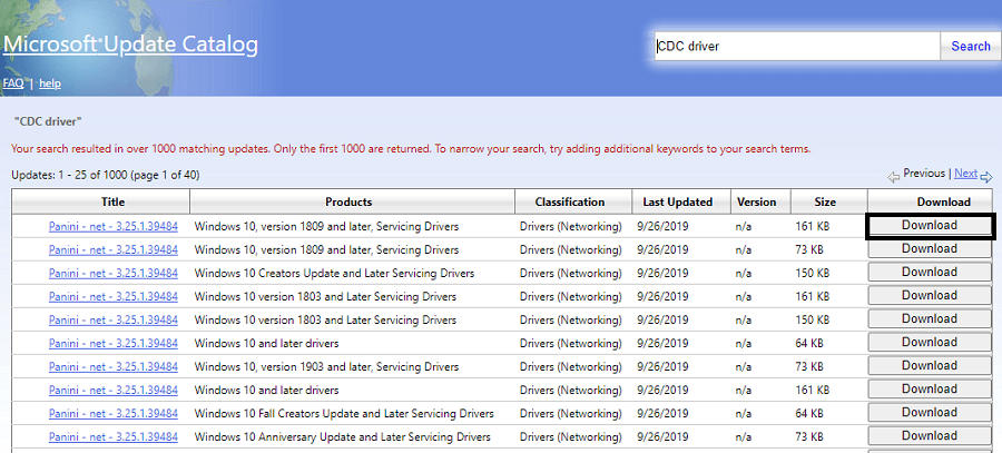 Fare clic sul pulsante Download per ottenere il driver cdc