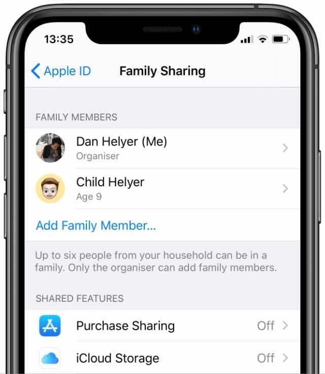 Ģimenes koplietošanas iestatījumi no iPhone ar izslēgtu pirkumu kopīgošanu