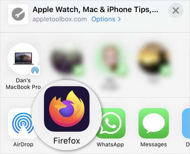 Споделяне на лист от Safari, показващ опция за Firefox