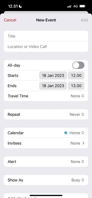 Екранна снимка, показваща как да създадете ново събитие в Apple Calendar за iOS