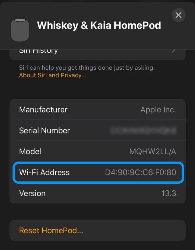 Impostazioni HomePod per Wi-Fi