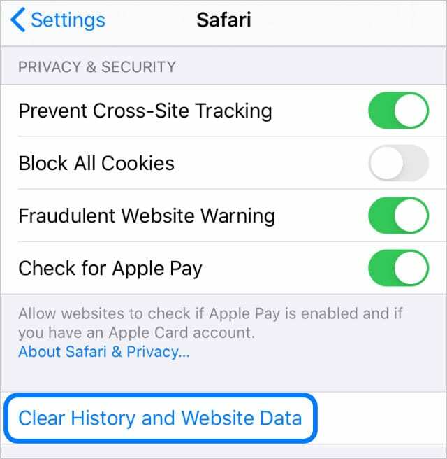 Κουμπί εκκαθάρισης ιστορικού και δεδομένων ιστότοπου στις Ρυθμίσεις Safari στο iPhone