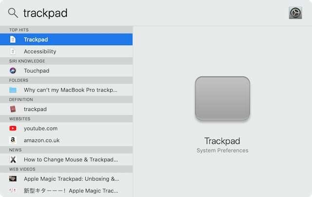 Spotlight meklēšana Trackpad System Preferences
