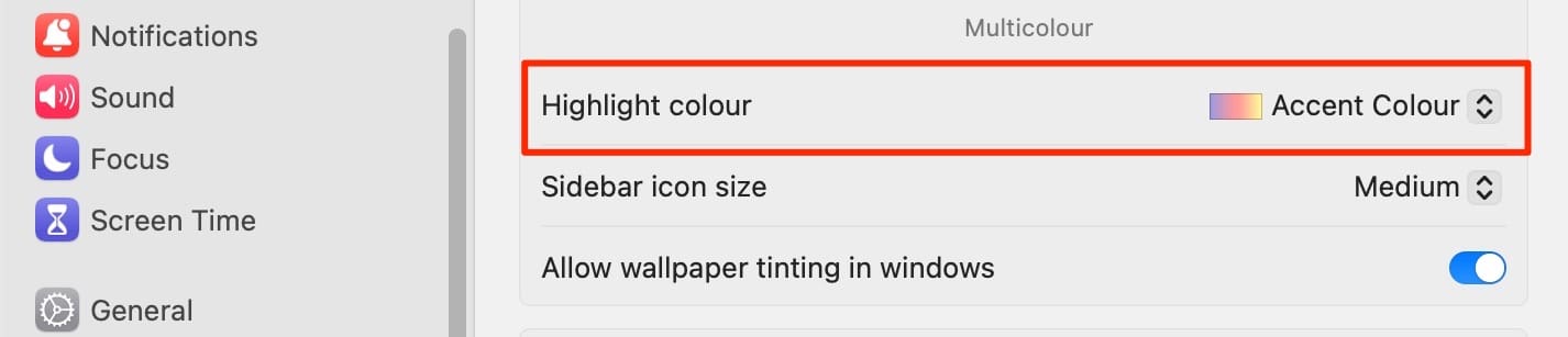 Cuplikan layar memperlihatkan cara mengubah warna Sorotan di Mac Anda