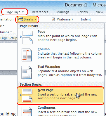 Word 2010:n Seuraava sivu -vaihtoehto