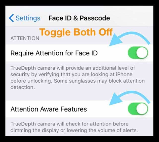 قم بإيقاف تشغيل إعدادات انتباه معرف الوجه على iPhone