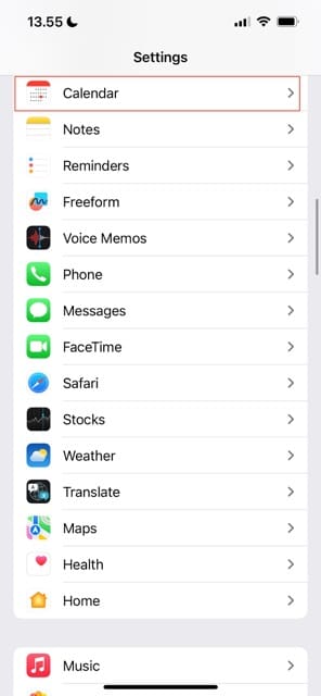 Vyberte položku Kalendár zo snímky obrazovky aplikácie Nastavenia