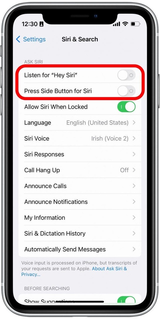 Wenn die Schalter grau sind, bedeutet dies, dass Siri deaktiviert ist. Tippen Sie auf einen oder beide, sodass sie grün werden und Siri aktivieren.