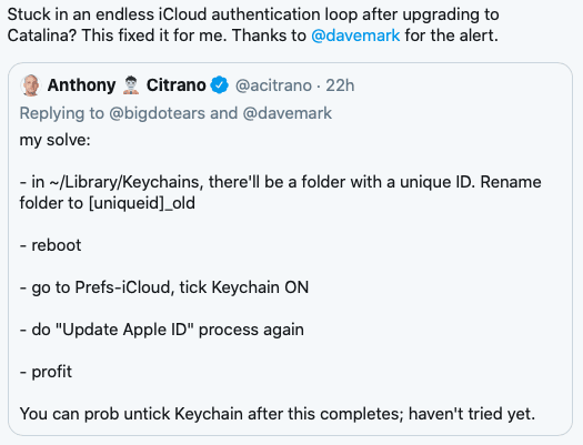 Каталина застряла в цикле входа в iCloud