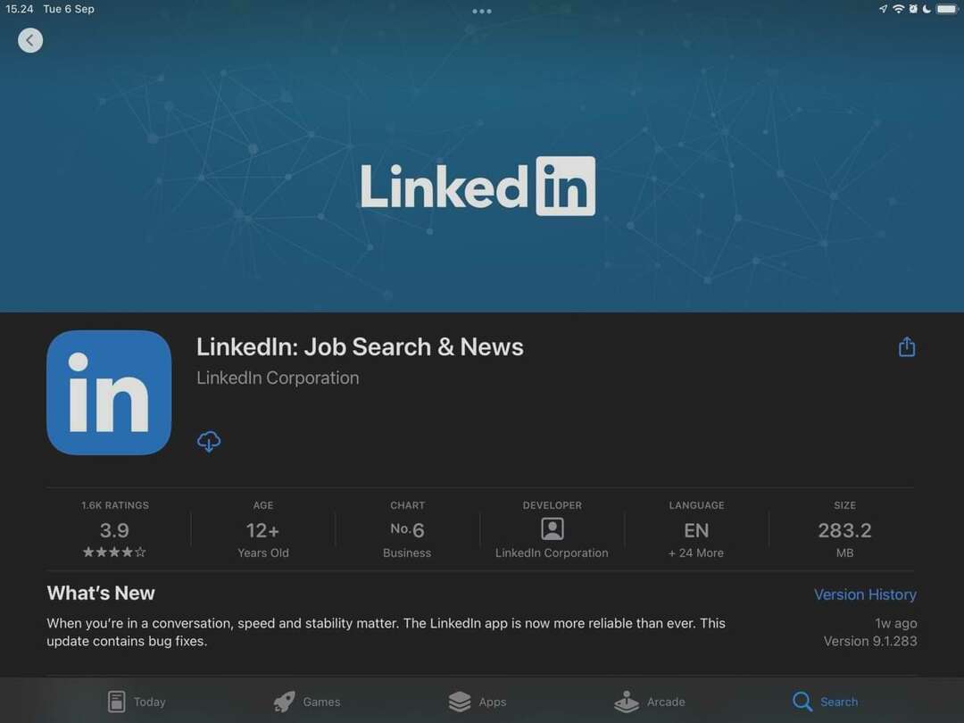 iPad ऐप स्टोर पर LinkedIn ऐप का स्क्रीनशॉट