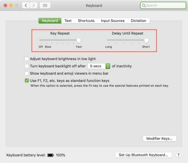 Mac tastatūras maiņa Atkārtojiet iestatījumus