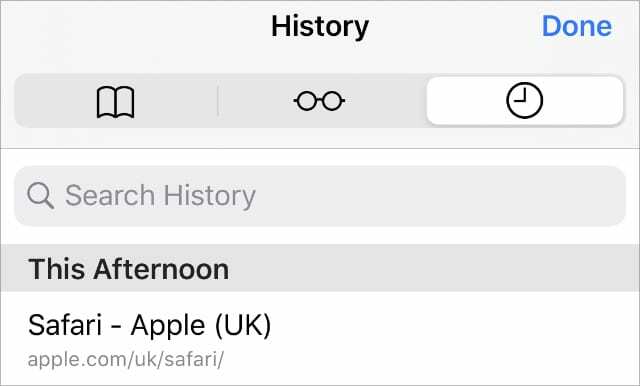 iPhone Safari'de Arama çubuğu ile Geçmiş seçeneği