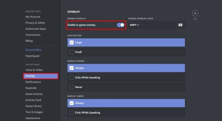 Omogućite prekrivanje u igri na kartici Overlay u postavkama Discord