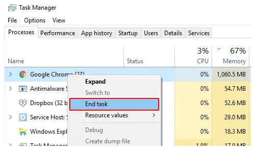 Finalizar tarefa - execute este passo um por um para todos os processos problemáticos