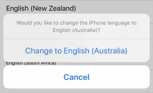 भाषा को अंग्रेजी (ऑस्ट्रेलिया) iPhone विकल्प में बदलें