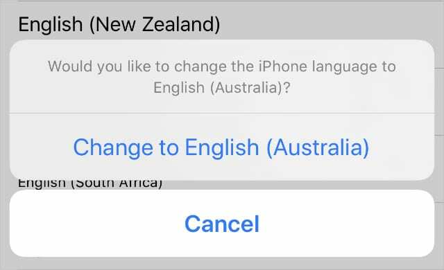 Ubah bahasa ke bahasa Inggris (Australia) opsi iPhone