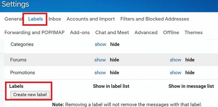 إنشاء تسمية جديدة gmail