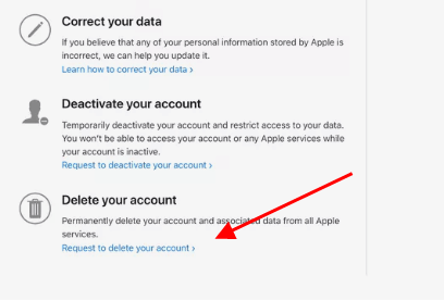 Verwijder uw account optie selecteer Verzoek om uw account te verwijderen