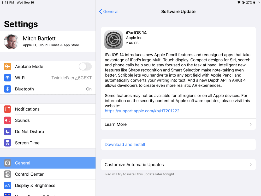 iPadOS 14 atnaujinimo raginimas